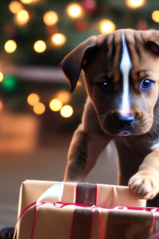 brindle puppy opening a present
